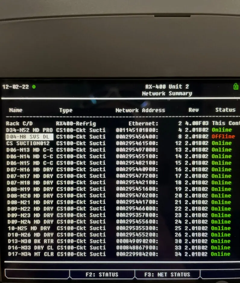 Controller network screen listing each refrigeration circuit as online